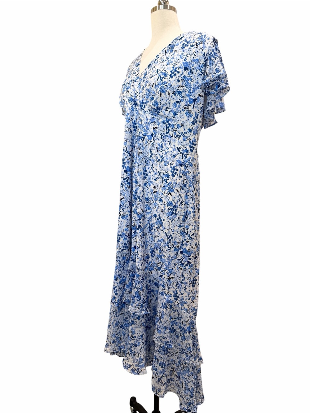 Tommy Hilfiger Floral Chiffon Hem Tiered Midi Dress Flutter Sleeve Blue 18W NWT - Picture 6 of 15